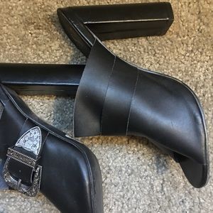 NWT | Black open-Toe, Leather Heals W/ Fancy Detailed-Buckle